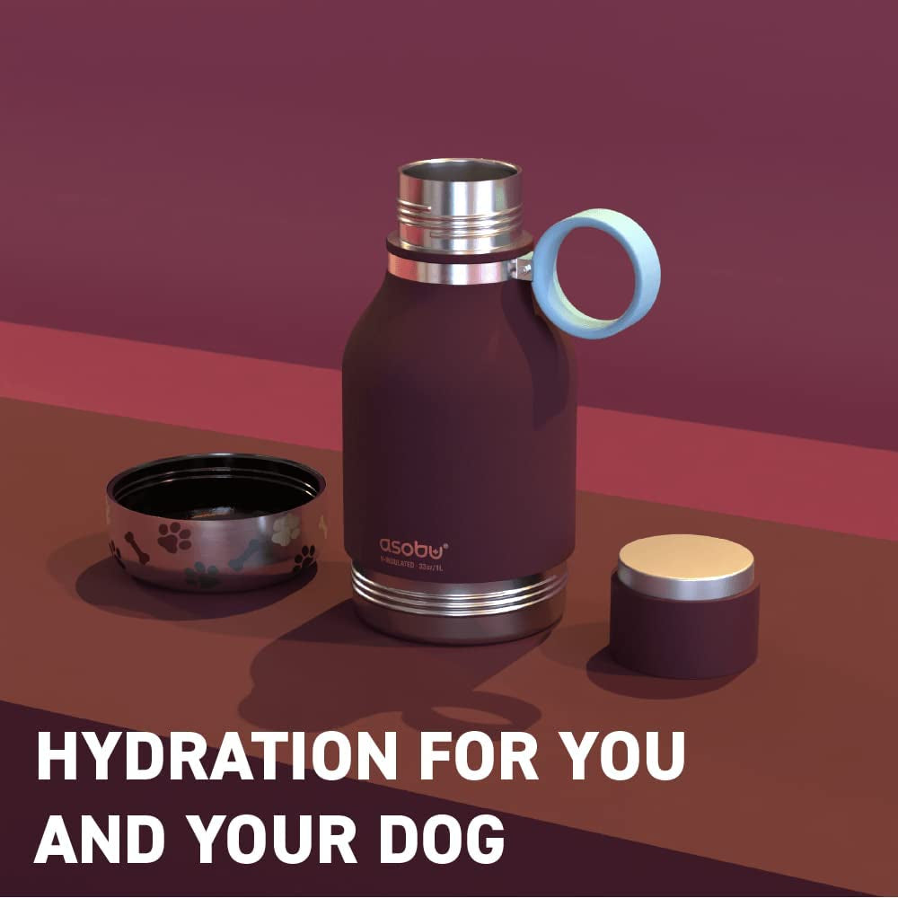 Dog Bowl Attached to Stainless Steel Insulated Bottle 1 Liter (Burgundy)